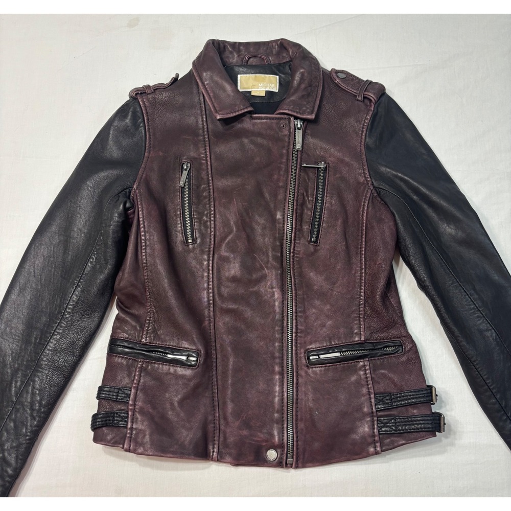 Michael Michael Kors Womens Leather Moto Jacket Plum Black Two Tone Medium
